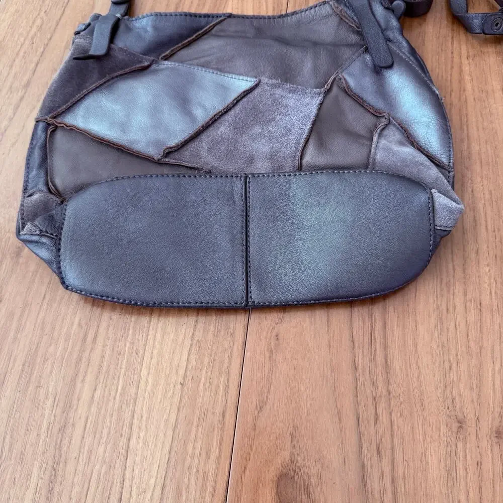 Lucky Brand Leather Suede Patch Silver Pewter Bronze Brown Shoulder Bag Hobo